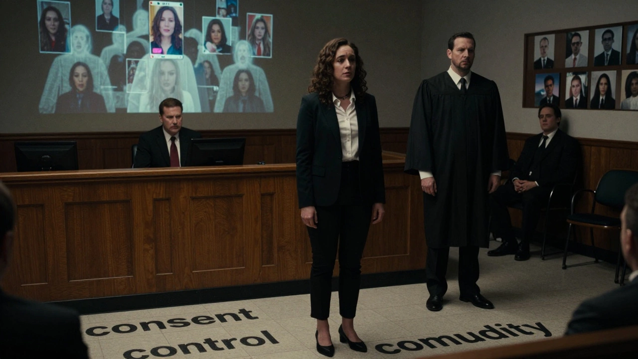 A woman testifying in court as her social media history ghosts behind her, while a man with the same photos is ignored.