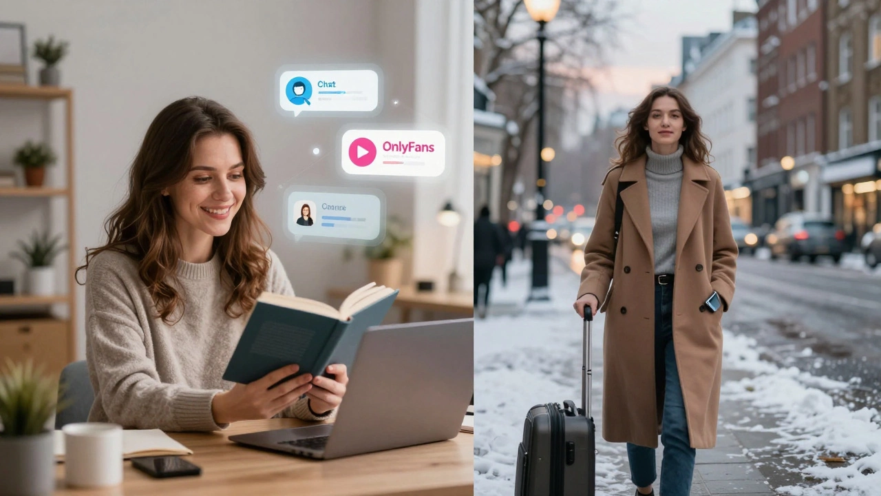 A woman video-calling a client at home, then walking through a London street — symbols of digital entrepreneurship around her.