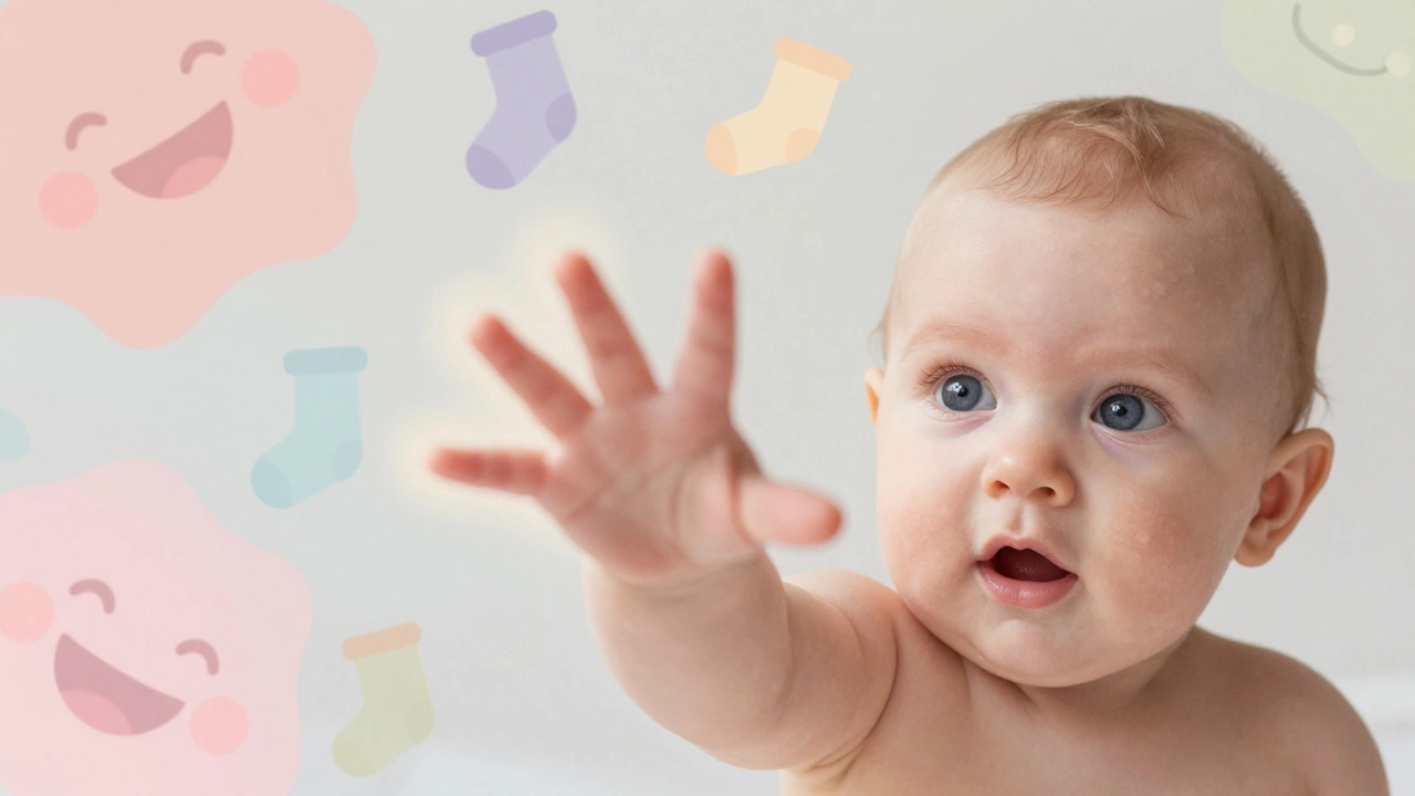 Baby reaching out with curious eyes, as if inviting the viewer to connect.