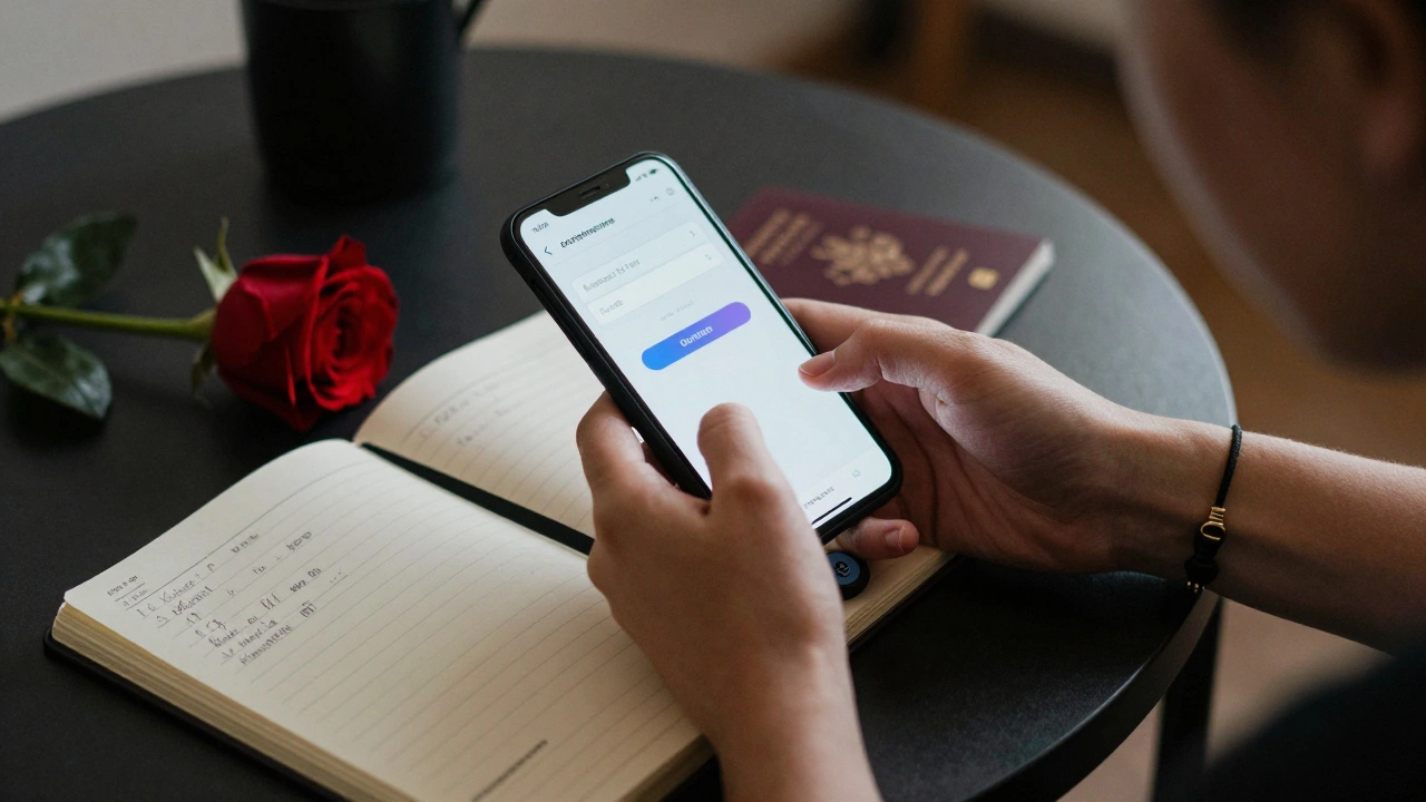 Close-up of hands using an encrypted app and holding a panic button, with client logs and a rose on the table.