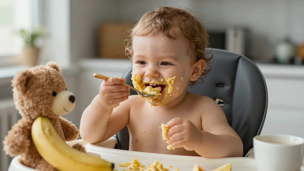 Toddler covered in banana, trying to feed a stuffed bear with a spoon.