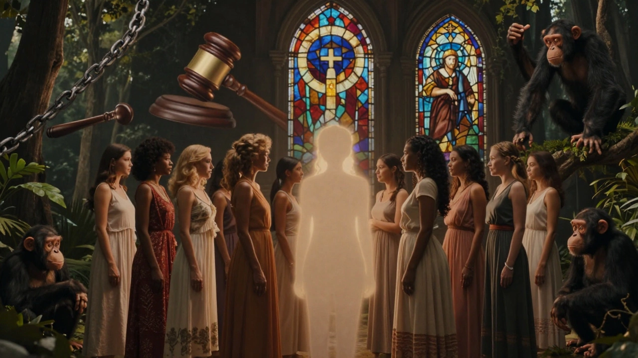 Women of diverse backgrounds standing confidently, with primates and fading patriarchal symbols in the background.